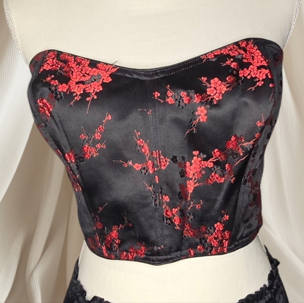 Victoria's Secret Black Satin Bustier with Red Floral Embroidery